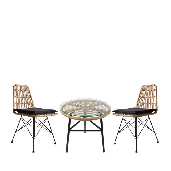 Σετ Τραπεζαρία Κήπου ARELLIUS Φυσικό/Μαύρο Μέταλλο/Rattan/Γυαλί Με 2 Καρέκλες 14990329