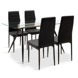 Τραπεζαρία Astrid-Parker pakoworld σετ 5τμχ γυάλινη με μαύρο pu 140x80x75εκ