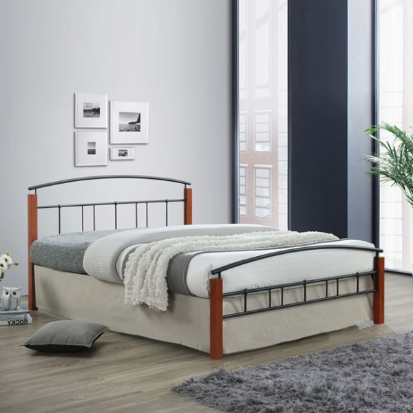 Κρεβάτι διπλό μεταλλικό DOKA (160x200cm) Μαύρο/Ξύλο Καρυδί