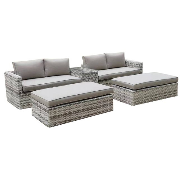 ASCOT Set Wicker Alu, Καναπές 4Θέσιος+2 σκαμπό+Τραπεζάκι, Wicker Grey White,  Μαξιλ.Μπεζ