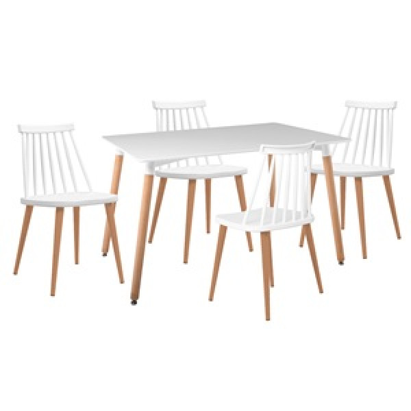 LAVIDA-ART Τραπεζαρία: Τραπέζι 120x80 Οξιά/MDF + 4 Καρέκλες Μέταλλο Βαφή Φυσικό PP Άσπρο Table:120x80x73 Chair:43x48x77
