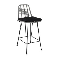 SALSA Σκαμπό BAR-Pro με Πλάτη, Μέταλλο Βαφή Μαύρο - Wicker Γκρι, με Μαξιλάρι Μαύρο