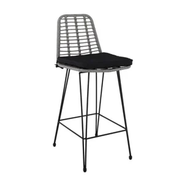 SALSA Σκαμπό BAR-Pro με Πλάτη, Μέταλλο Βαφή Μαύρο - Wicker Γκρι, με Μαξιλάρι Μαύρο